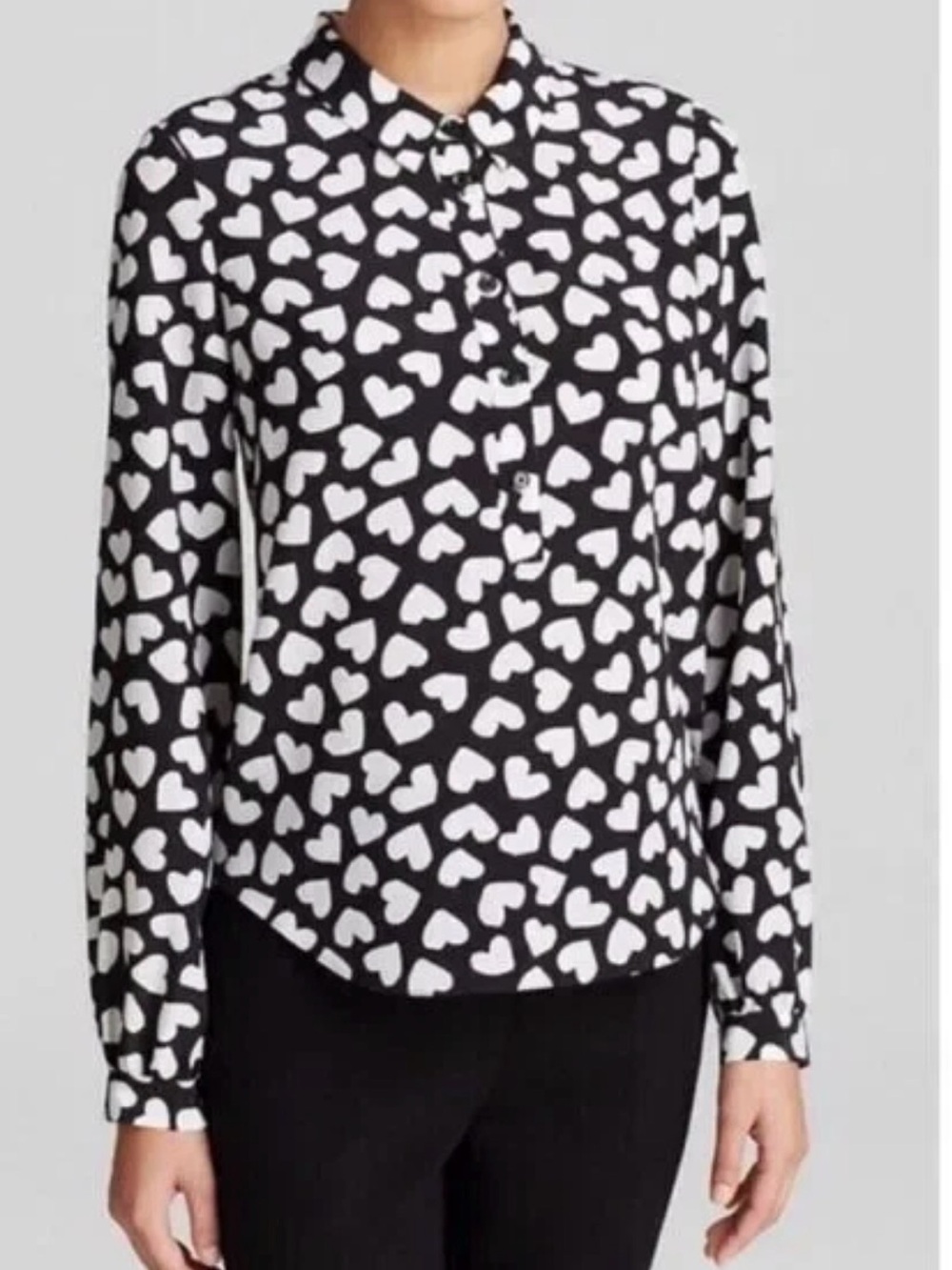 Kate Spade NY Dancing Hearts Silk Blend Blouse M Black White Heart Print